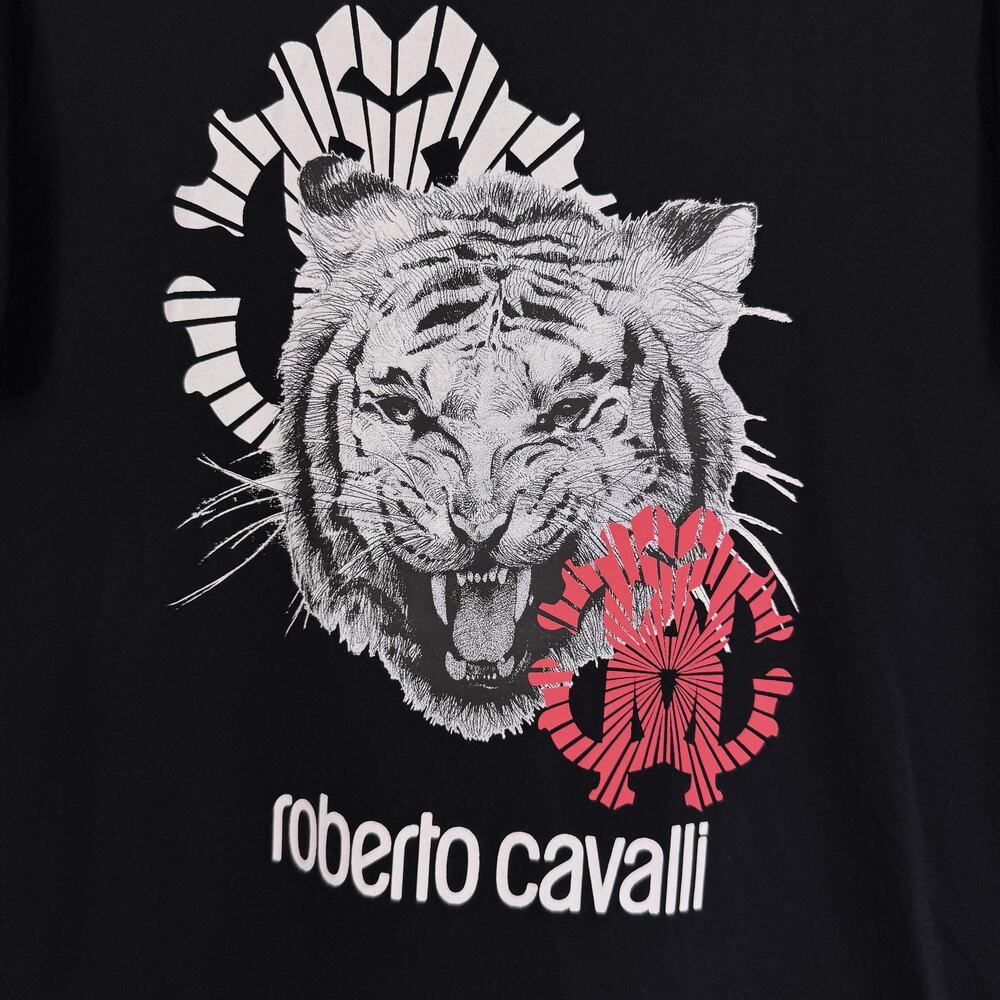 Roberto Cavalli Shirt Mens Large Tiger Graphic Tee Black Logo Designer Luxury - Picture 5 of 10